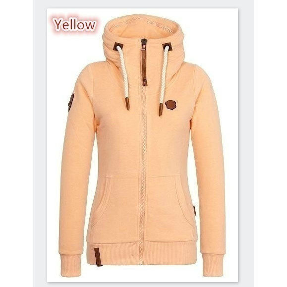 High Neck Zipper Drawstring Pocket Solid Color Slim Hoodie Coat