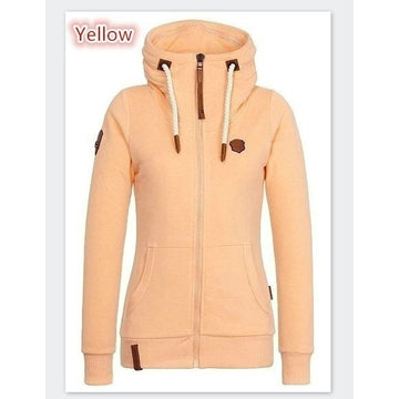 High Neck Zipper Drawstring Pocket Solid Color Slim Hoodie Coat