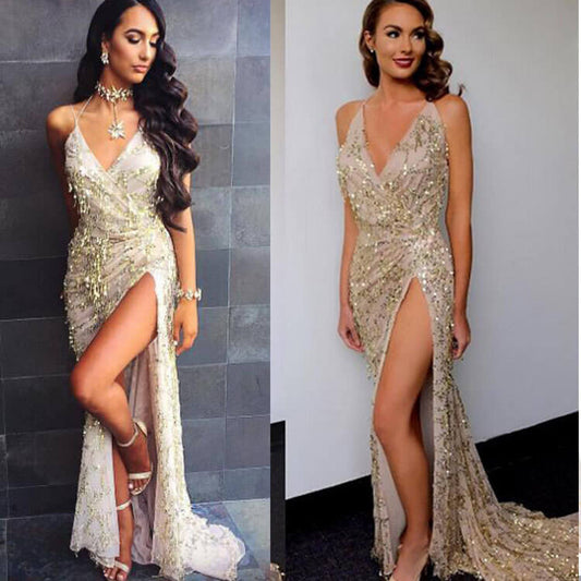 Spaghetti Strap Sequin Slit Backless Maxi Dress