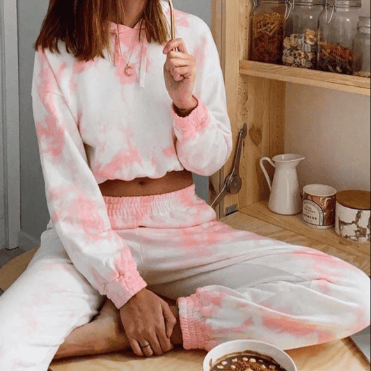 Summer Tie Dye White High Waist Long Sleeve Elastic Waist Two Pieces Set