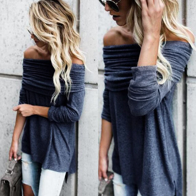 Loose Off Shoulder Pure Color Long Sleeves Irregular T-shirt