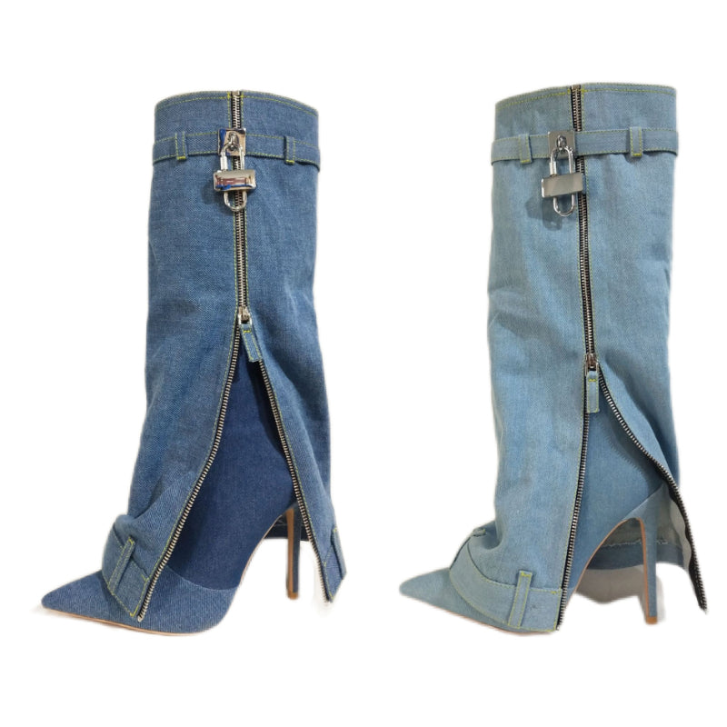 Pointed Toe Boots | Denim High Heel Boots | Belt Boots