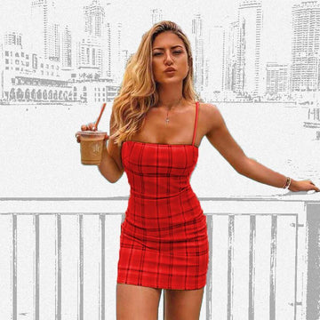 Spaghetti Strap Plaid Bodycon Low Cut Dress