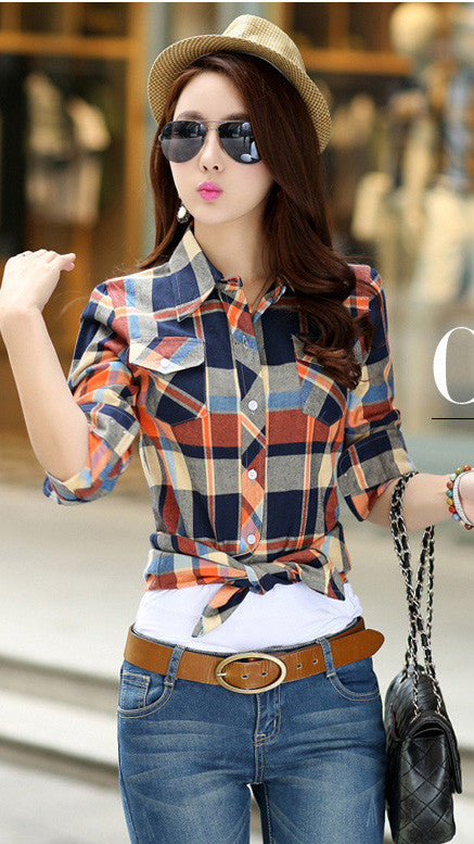 Turn-down Collar Plaid Flower Print Long Sleeves Slim Button Blouse