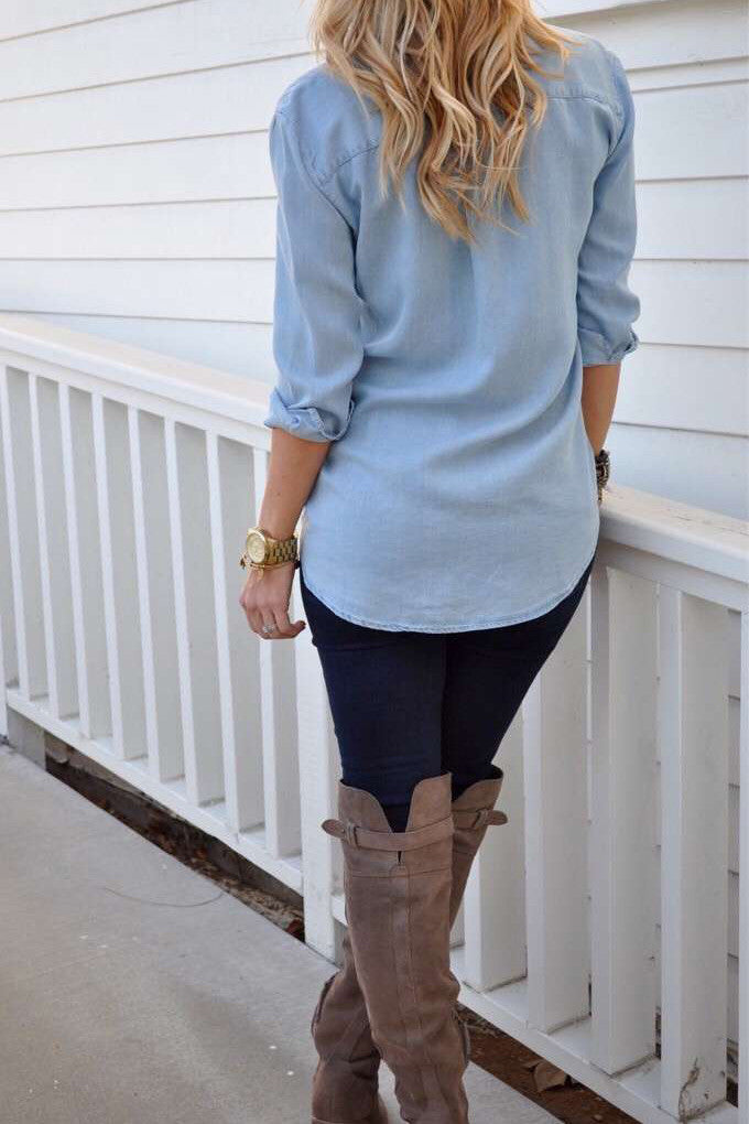 V-neck Pure Color Long Sleeves Denim Blouse