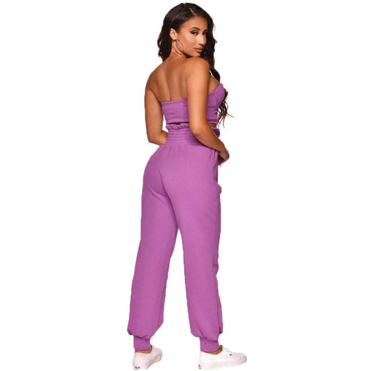 Sexy Candy Color Strapless High Waist Zipper Two Pieces Set