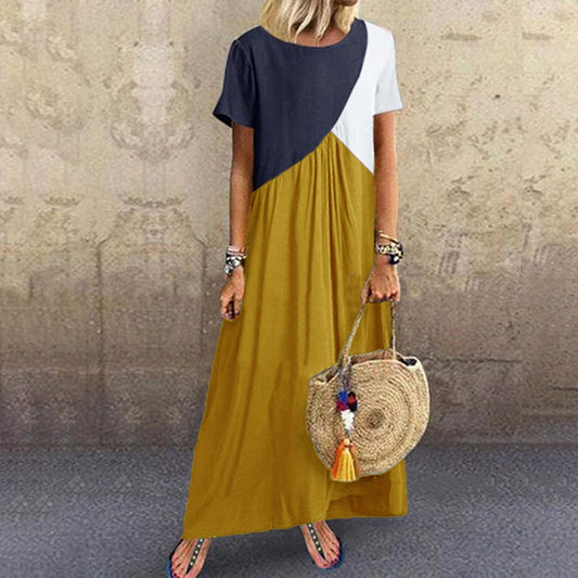 Vacation Short Sleeve Loose Colorblock Maxi Dress