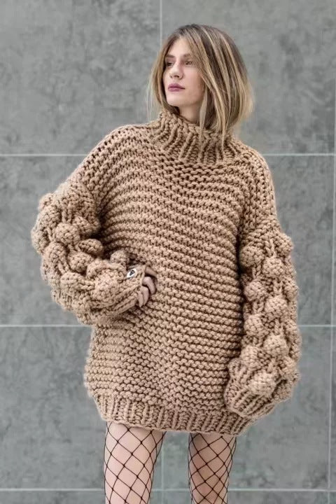 Turtleneck Handmade Knit Long Lartern Sleeves Chunky Pullover Oversized Sweater