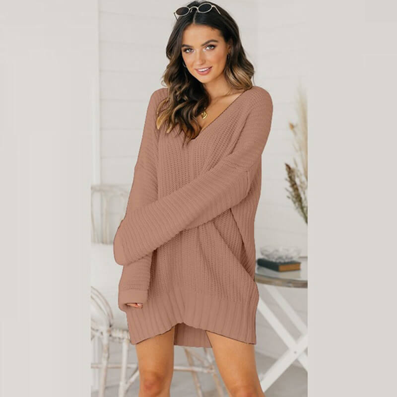 Oversized V Neck Crochet Long Sweater Dress