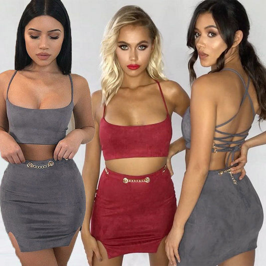 Back Straps Cross Crop Top Cami Split Short Skirt Two Pieces Dress Set