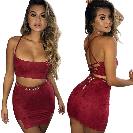 Back Straps Cross Crop Top Cami Split Short Skirt Two Pieces Dress Set