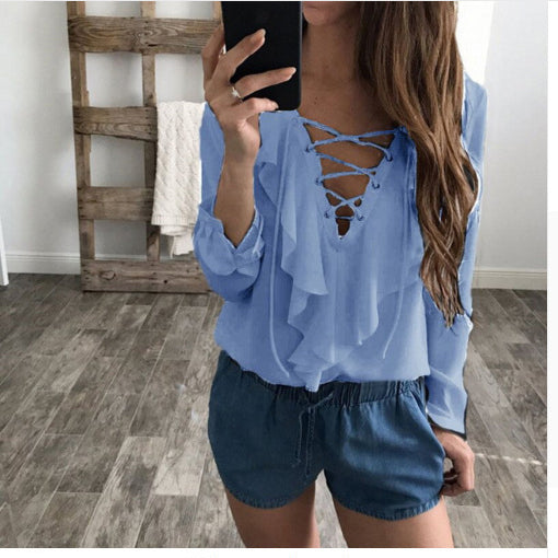 Straps V-neck Ruffles Long Sleeves Regular Blouse