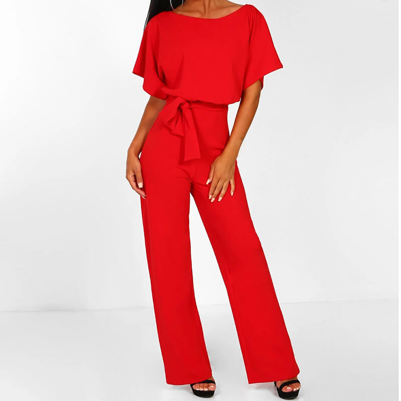 Short Sleeves Belt Wide Leg Jumpsuit