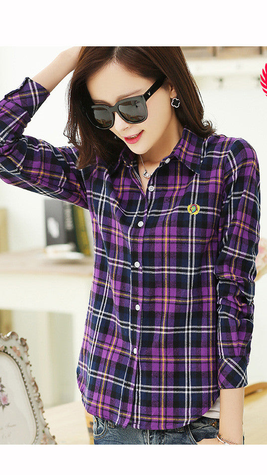 Plaid Turn-down Collar Flower Print Long Sleeves Slim Button Blouse