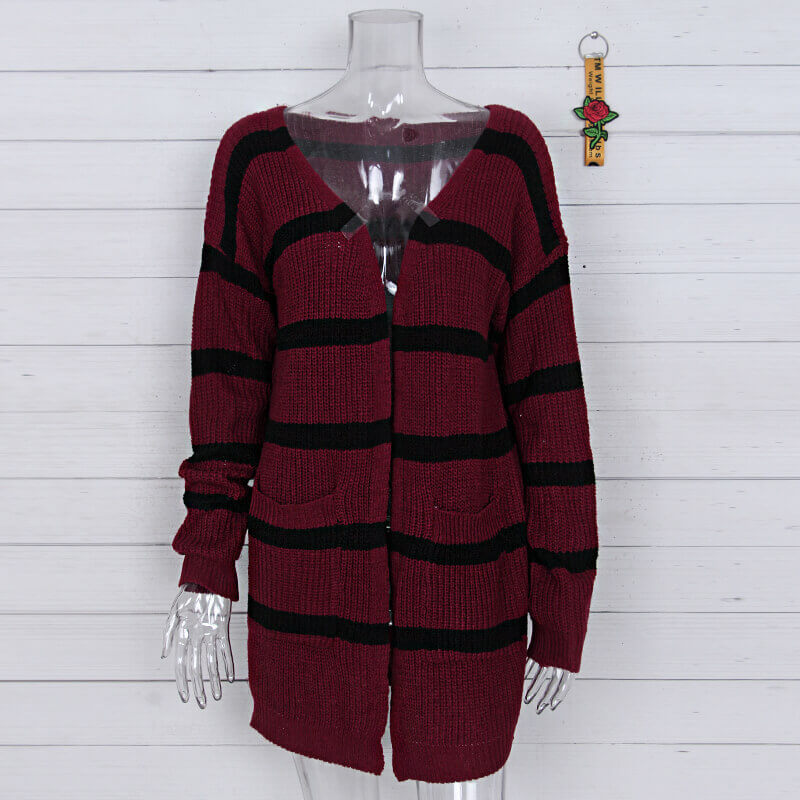 Knitted V Neck Striped Long Cardigan