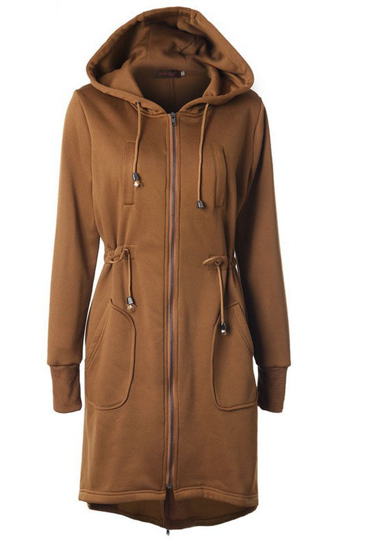 Drawstring Pockets Slim Zipper Long Hooded Oversize Coat