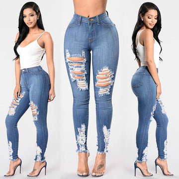 Rough Holes Cut Out High Waist Long Skinny Jeans Denim Pants