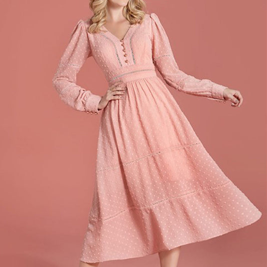 Elegant Pink Long Sleeve High Waist Dress