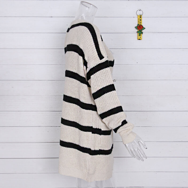 Knitted V Neck Striped Long Cardigan