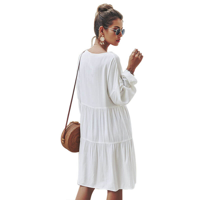 Simple V Neck Lantern Sleeve Short Dress