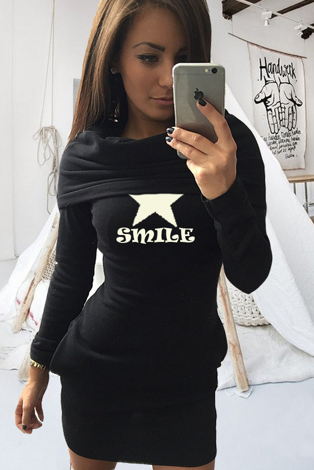 Letter Print Pile Neck Long Slim Hoodie