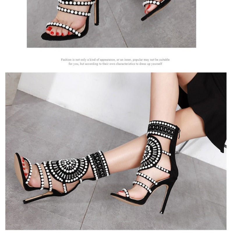 Fashionable Hollowed-out Rhinestone Stiletto Roman Sandals