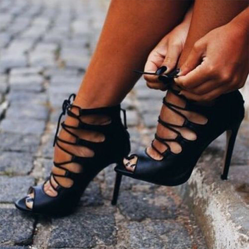 Lace Up Hollow Out Peep-toe Stiletto High Heel Sandals