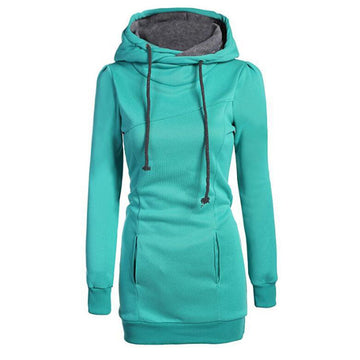 SlIm Solid Color Drawstring High Neck Pocket Sport Long Hoodie