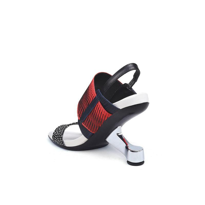 Leather Open Toe Color Block Special Shaped Heel Sandals