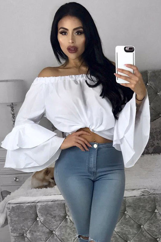 Pure Color Off Shoulder Loose Trumpet Sleeves Irregular Chiffon Blouse