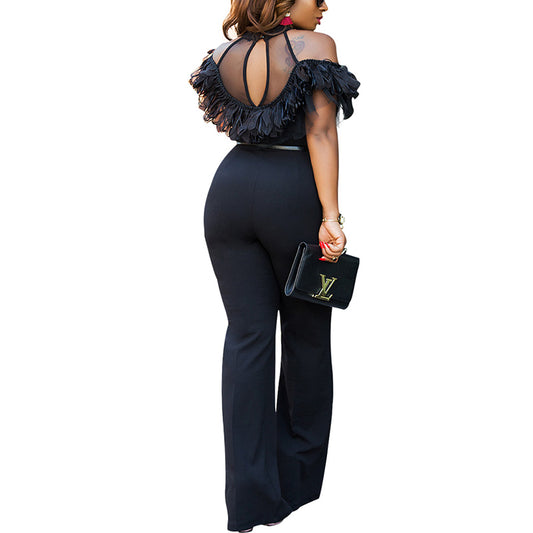 Cold Shoulder Wide Leg Ruffled Empire Jumpsuit