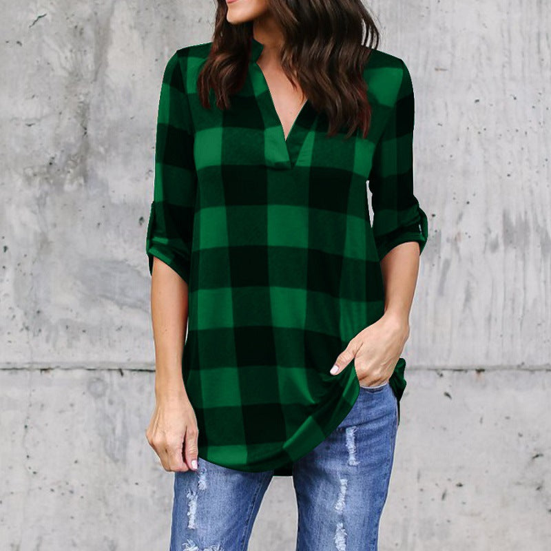 V-neck Plaid Loose Long Sleeves Long Blouse