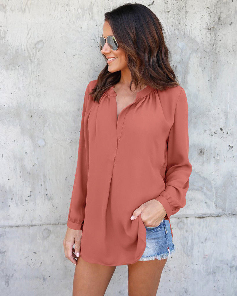 Loose V-neck Pure Color Long Sleeves Chiffon Long Blouse