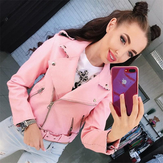 Solid Color Lapel Zippers Women Slim Short Cropped PU Jacket