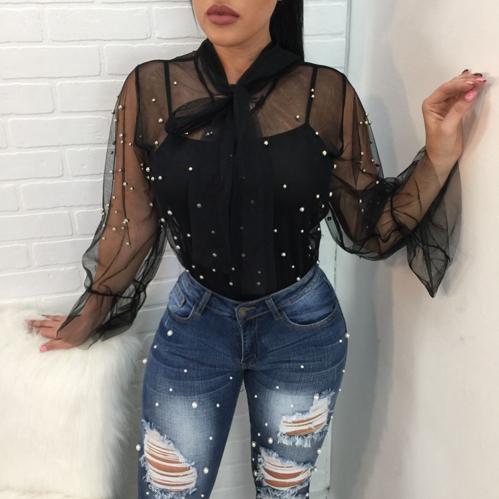 Transparent Lace Up Beads Women Blouse