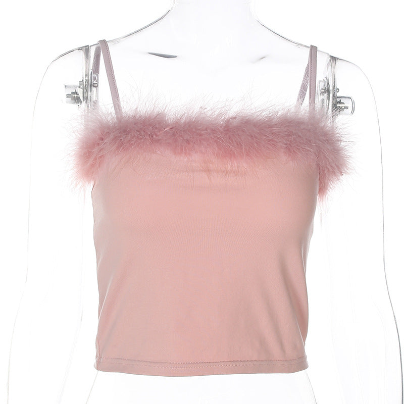 Spaghetti Straps Faux Fur Decoration Sleeveless Short Crop Top