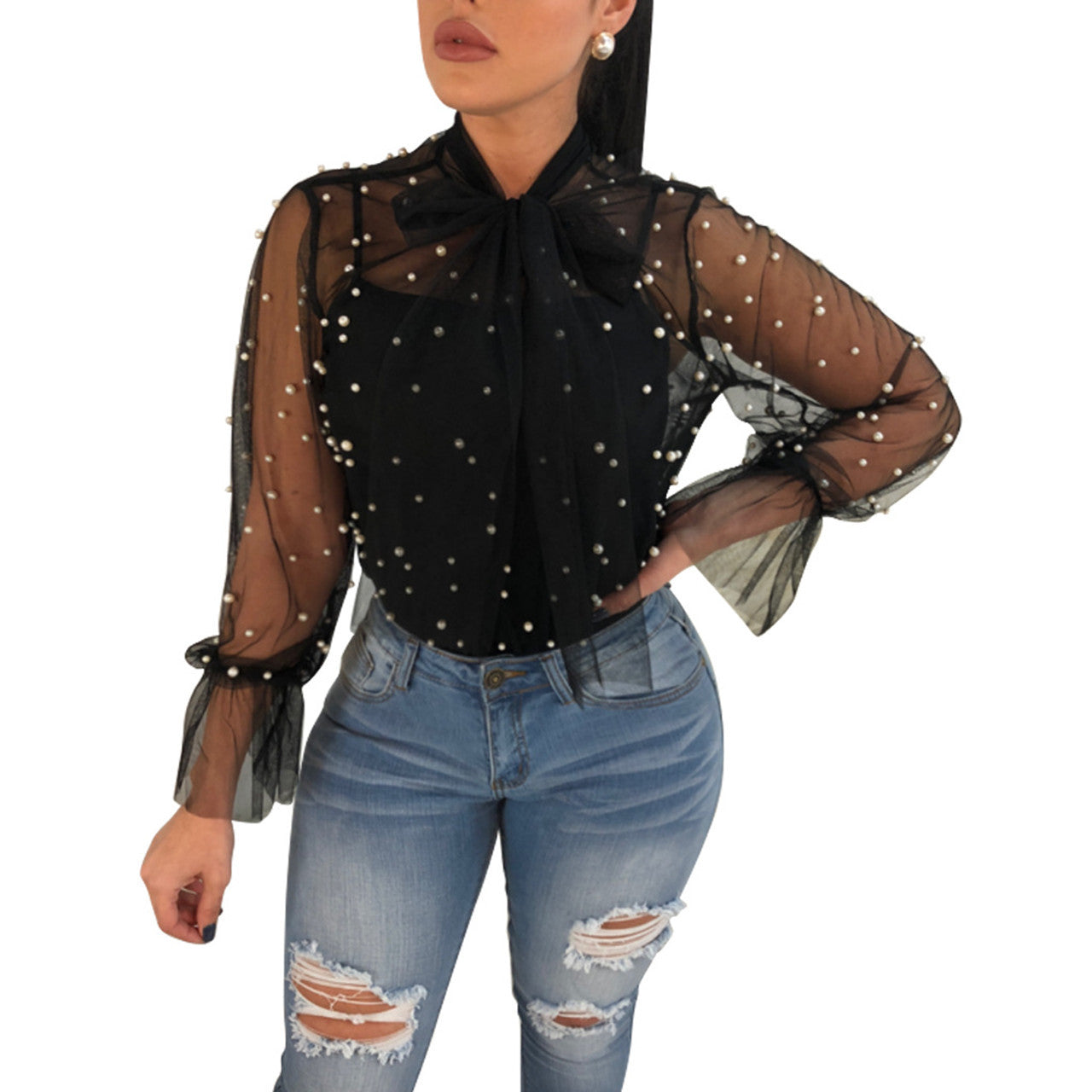 Transparent Lace Up Beads Women Blouse