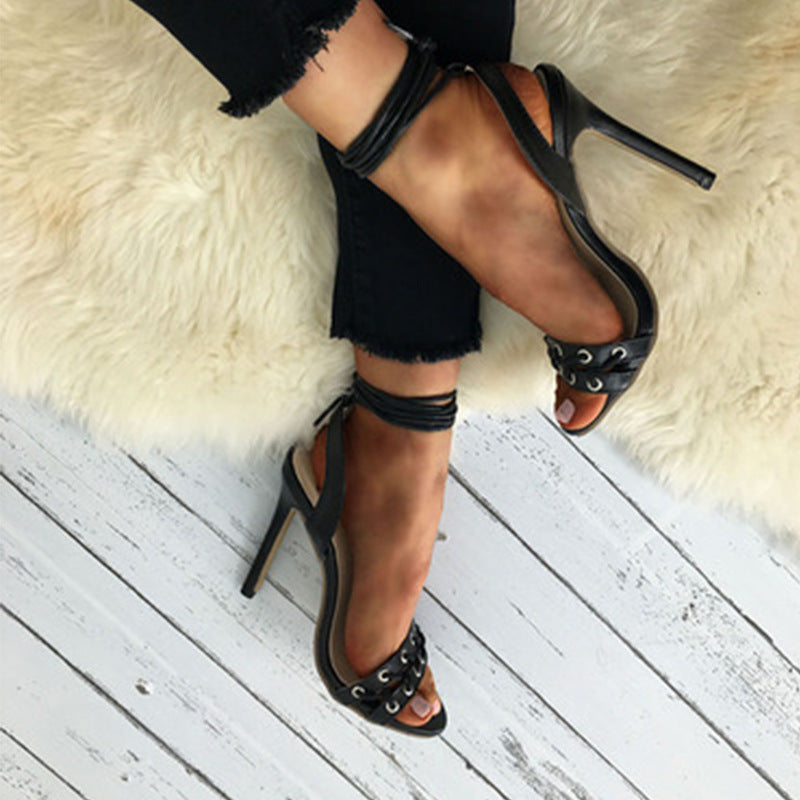 Straps Ankle Open Toe Simple Style Stiletto High Heels Sandals