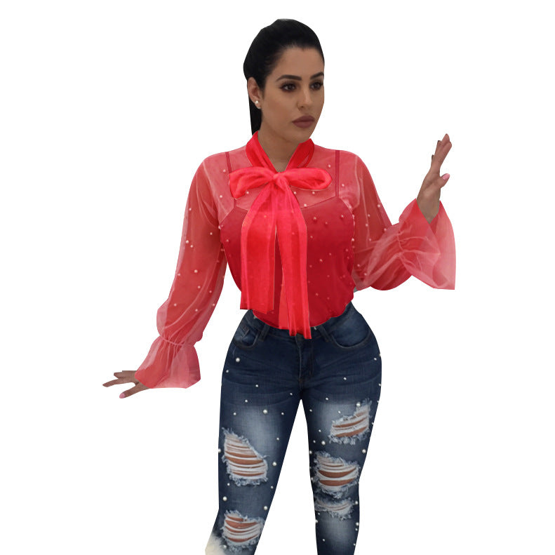 Transparent Lace Up Beads Women Blouse