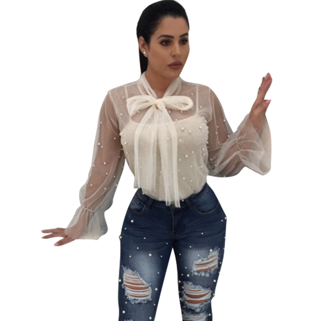 Transparent Lace Up Beads Women Blouse