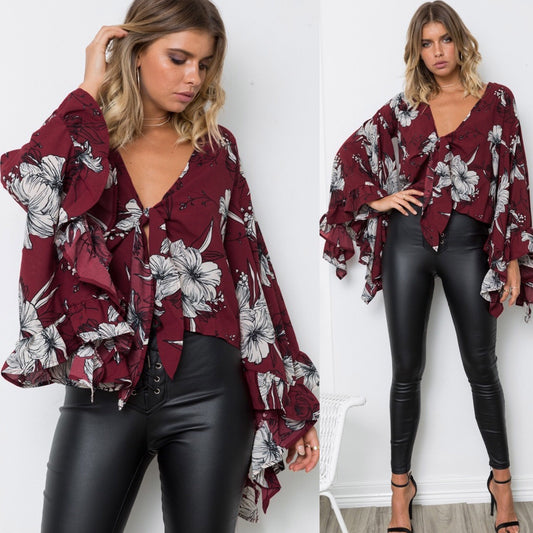 Big Ruffle V-neck Loose Flower Print Long Trumpt Sleeves Blouse