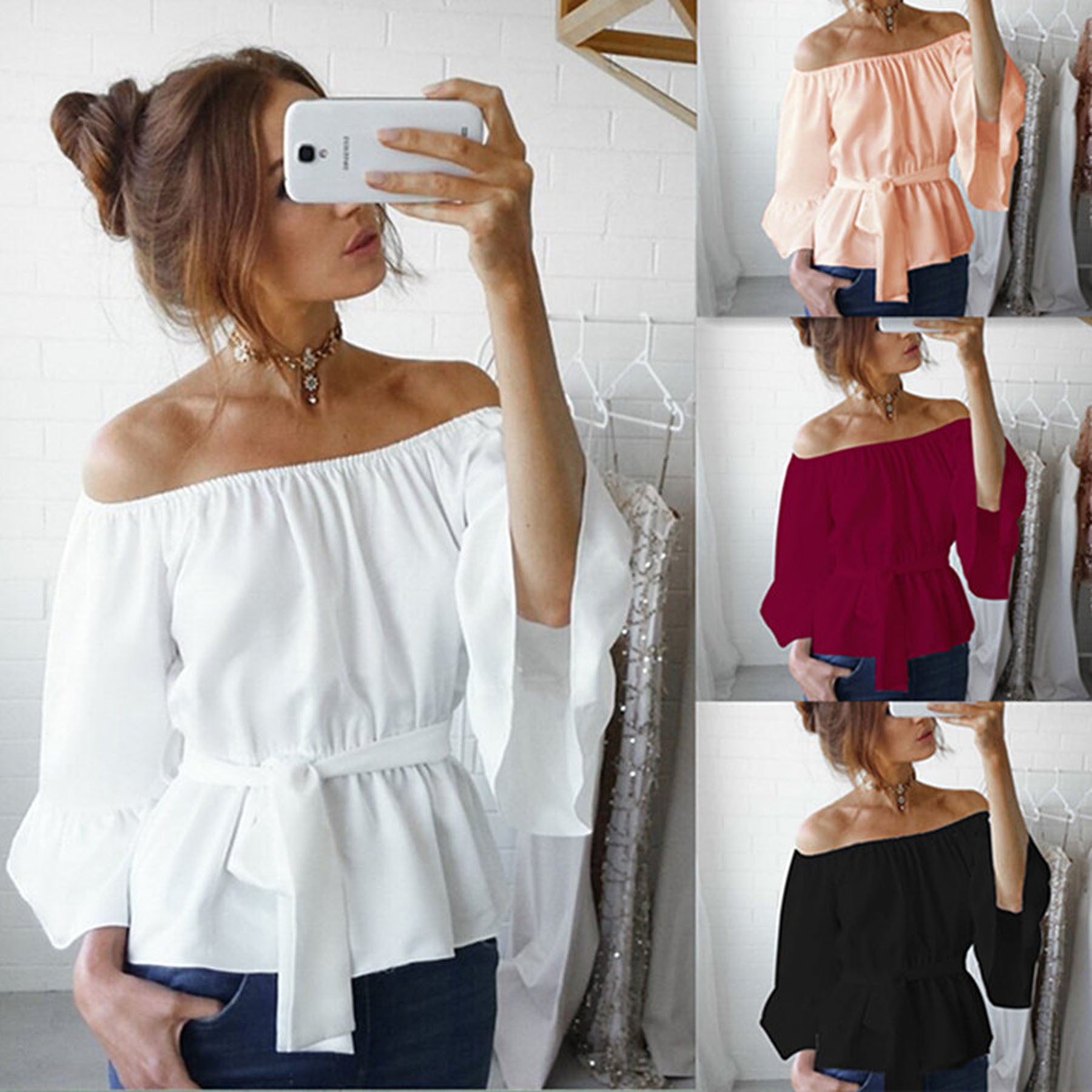 Off Shoulder Long Trumpet Sleeves Bandage Chiffon Blouses