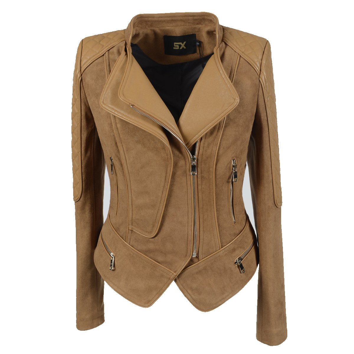 High Neck Lapel Zippers Women Slim Irregular Short Jacket