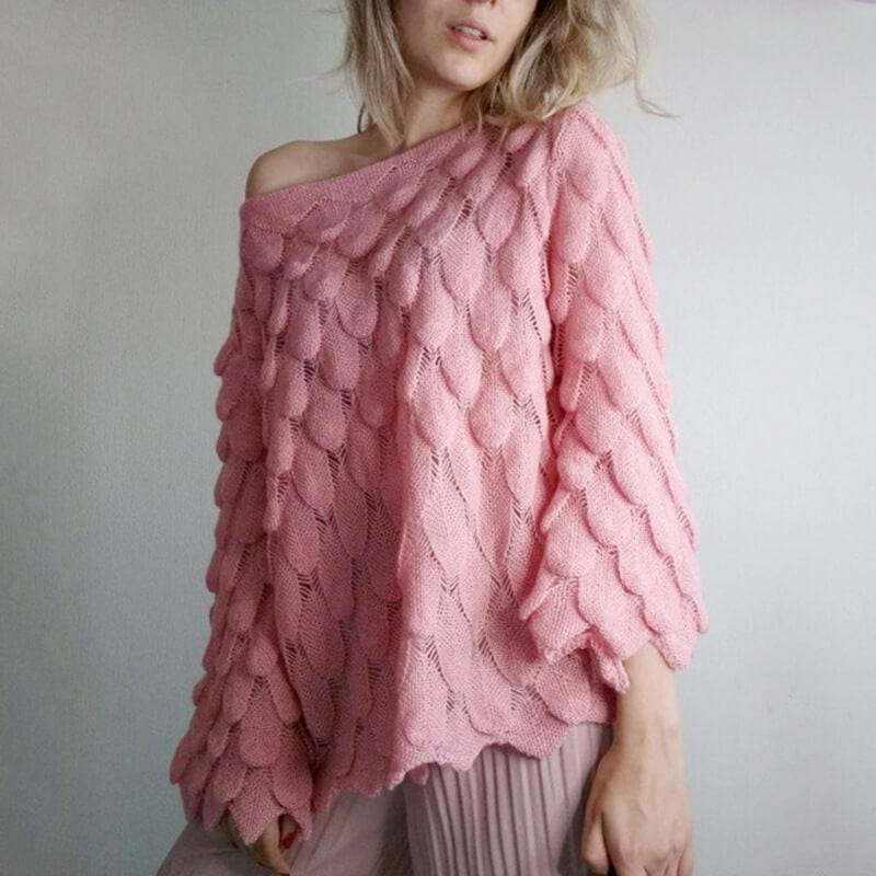 Hollow Out Feather Scoop Neck Sweater  