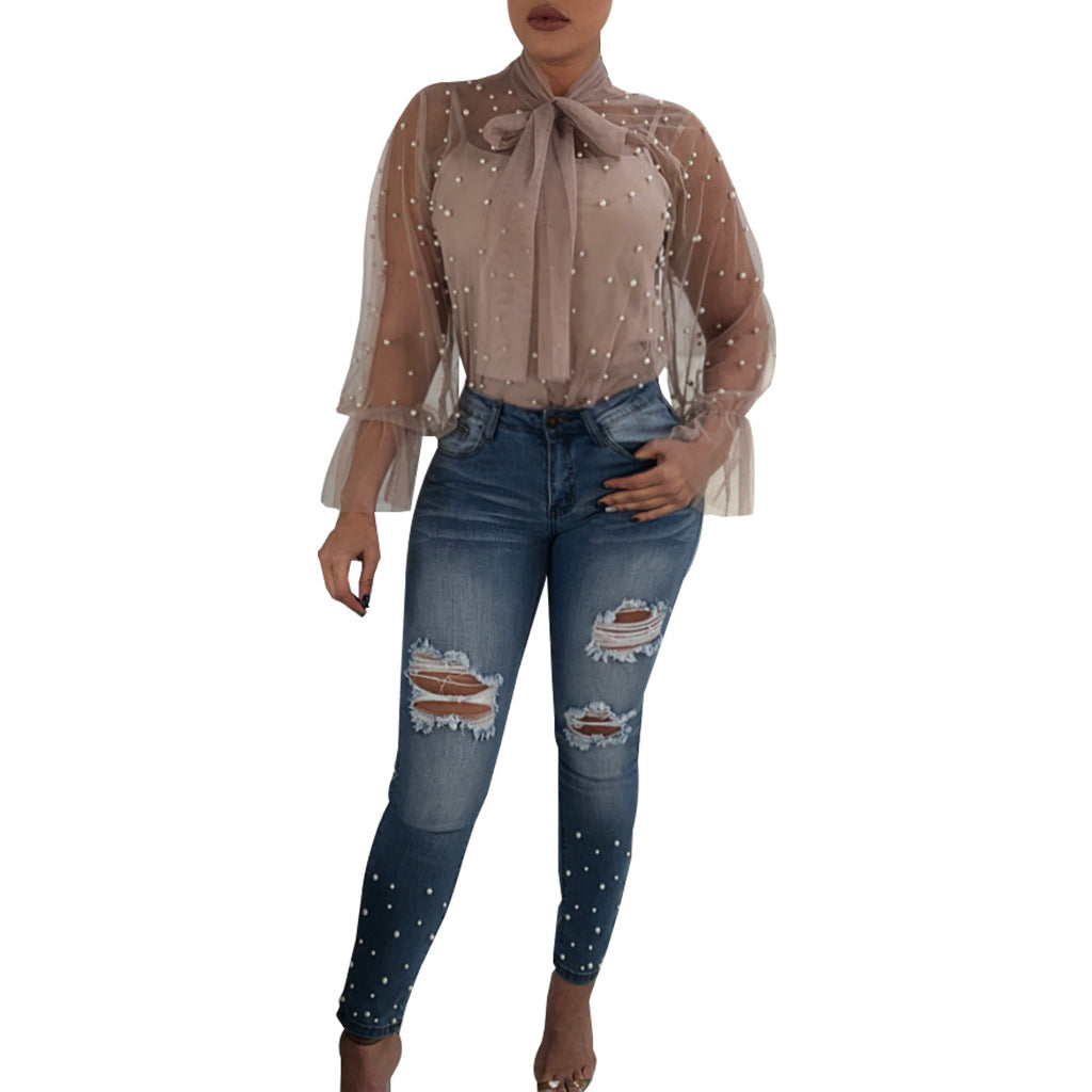 Transparent Lace Up Beads Women Blouse