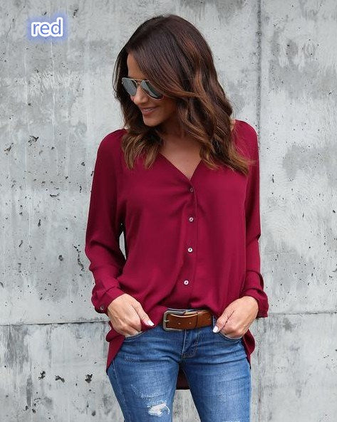 V-neck Loose Pure Color Long Sleeves Regular Blouse