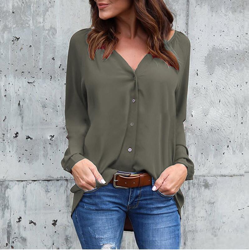 V-neck Loose Pure Color Long Sleeves Regular Blouse