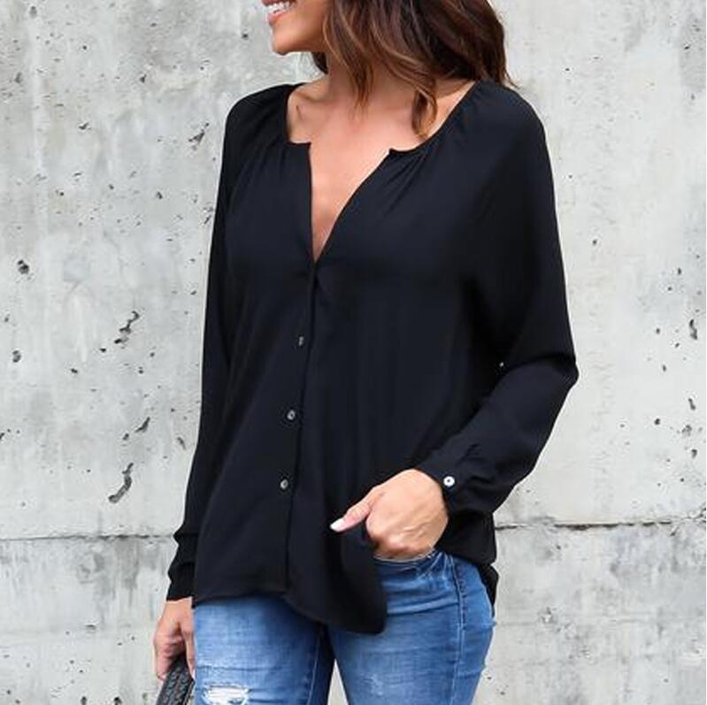 V-neck Loose Pure Color Long Sleeves Regular Blouse