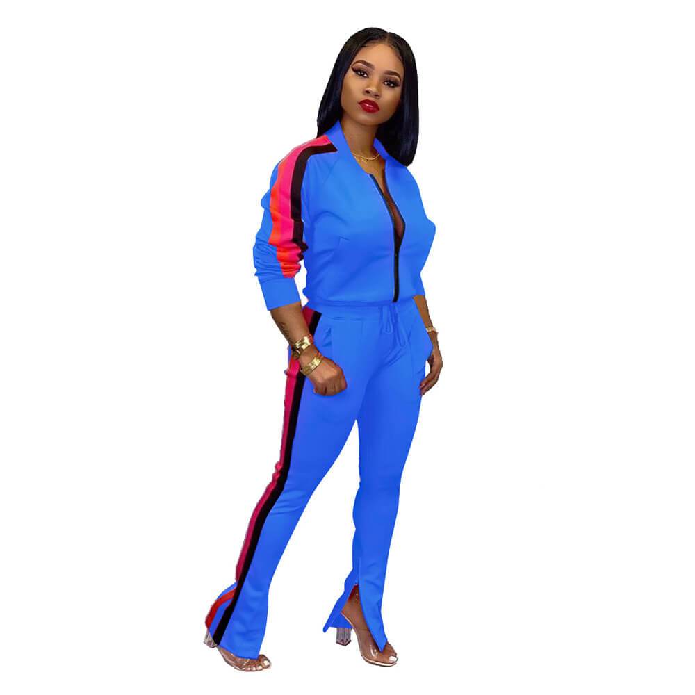 Zipper Blosue High Waist Patchwork Bell Bottom Pants Set