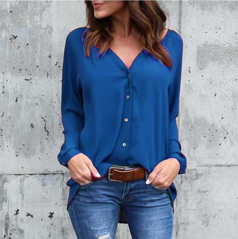 V-neck Loose Pure Color Long Sleeves Regular Blouse